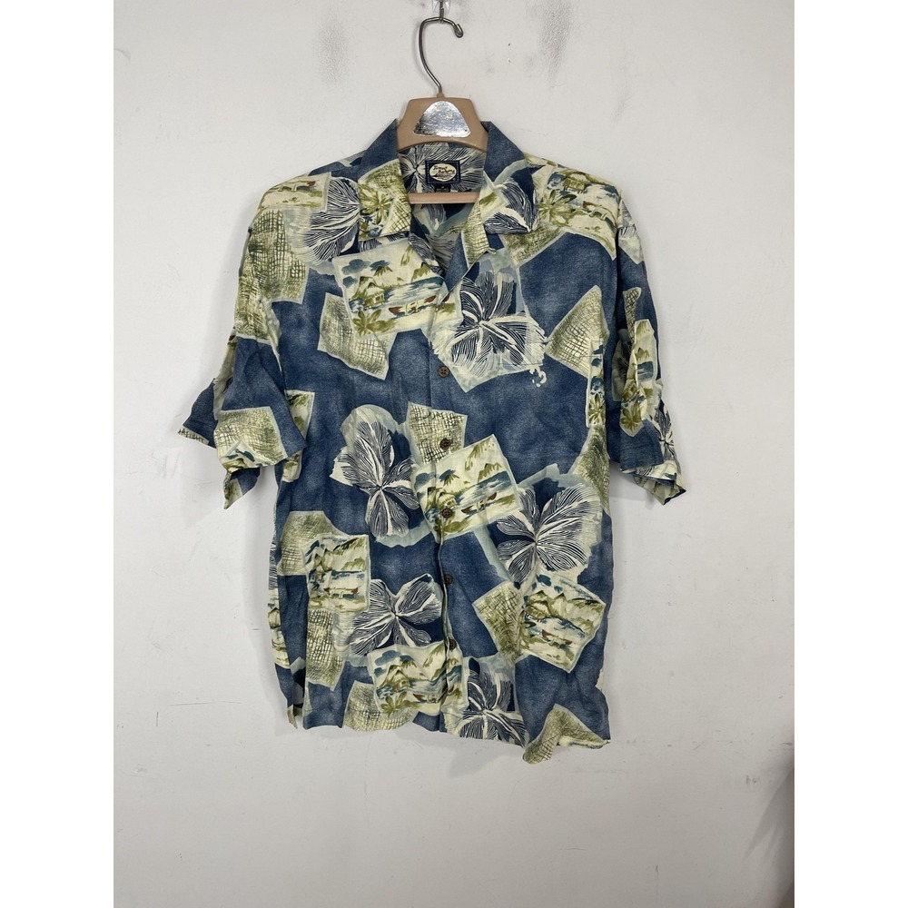 Tommy Bahama Mens Shirt Medium Blue 100% Linen Hawaiian Floral Print Button Up